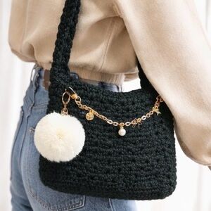 Handmade Black Crochet Shoulder Bag with Gold Chain